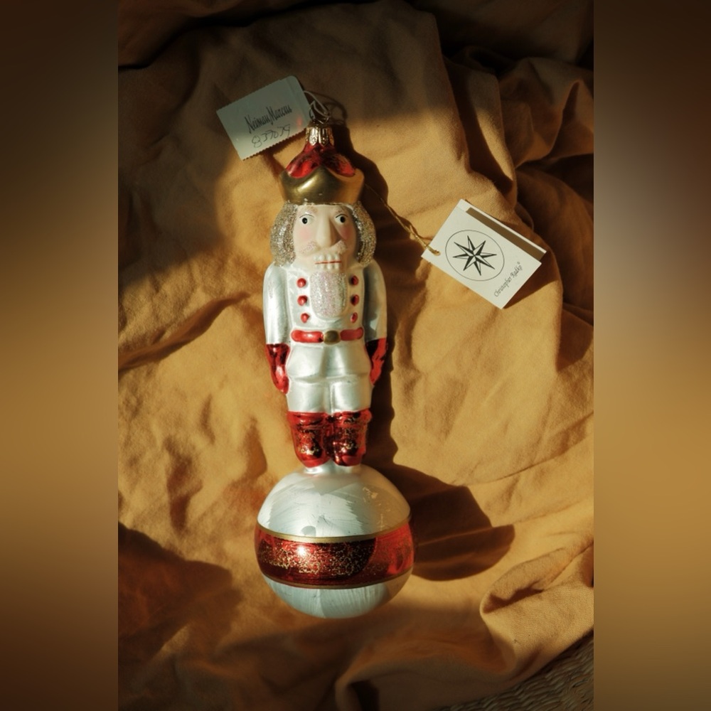 Vintage Christopher Radko Germany White Nutcracker on Ball 8.5” Hand Blown Glass